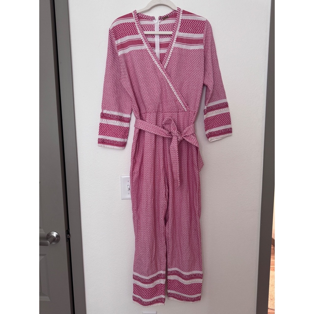 Dodo Bar Or Red White Geometric Cotton Wrap Jumpsuit Resort Boho Chic Size L cc